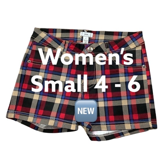 Women's DIVA S Small 4 - 6 Tartan Plaid Black Tan Red Khakis Chino Shorts NWOT - Picture 2 of 7